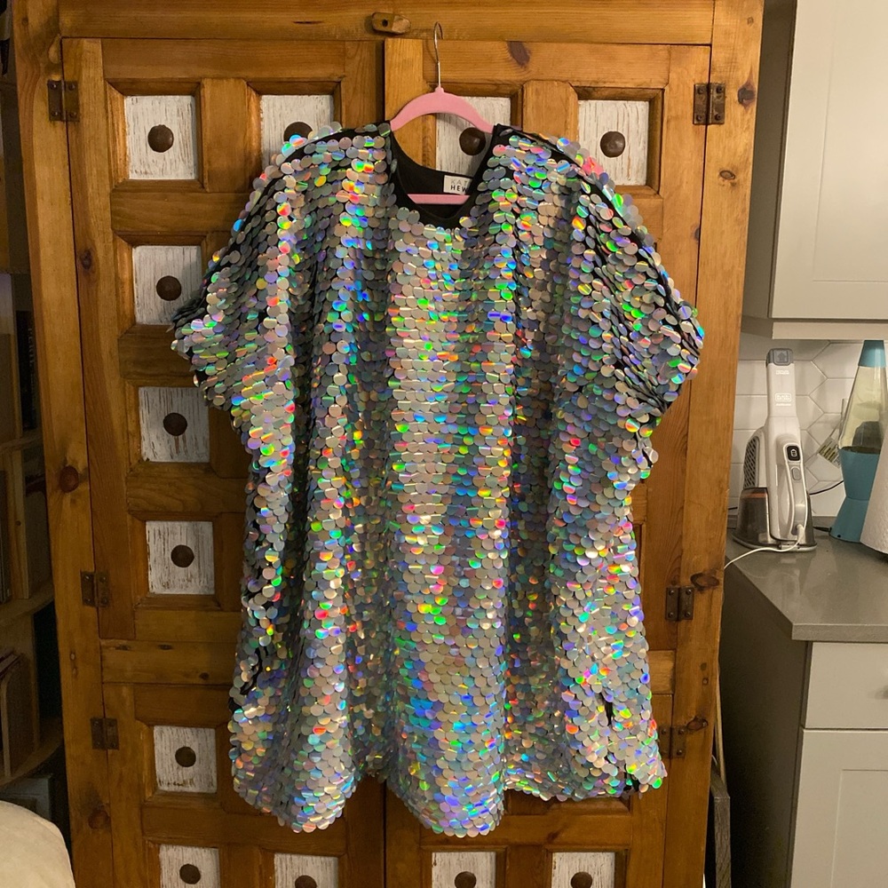 Kate Hewko Iridescent Sequin Bat Wing Shift Dress OSFM
